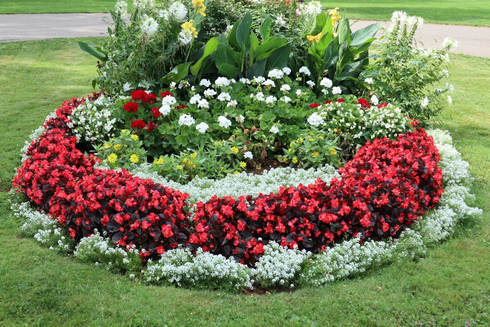 Red and white flower bed installed on a lawn edge
