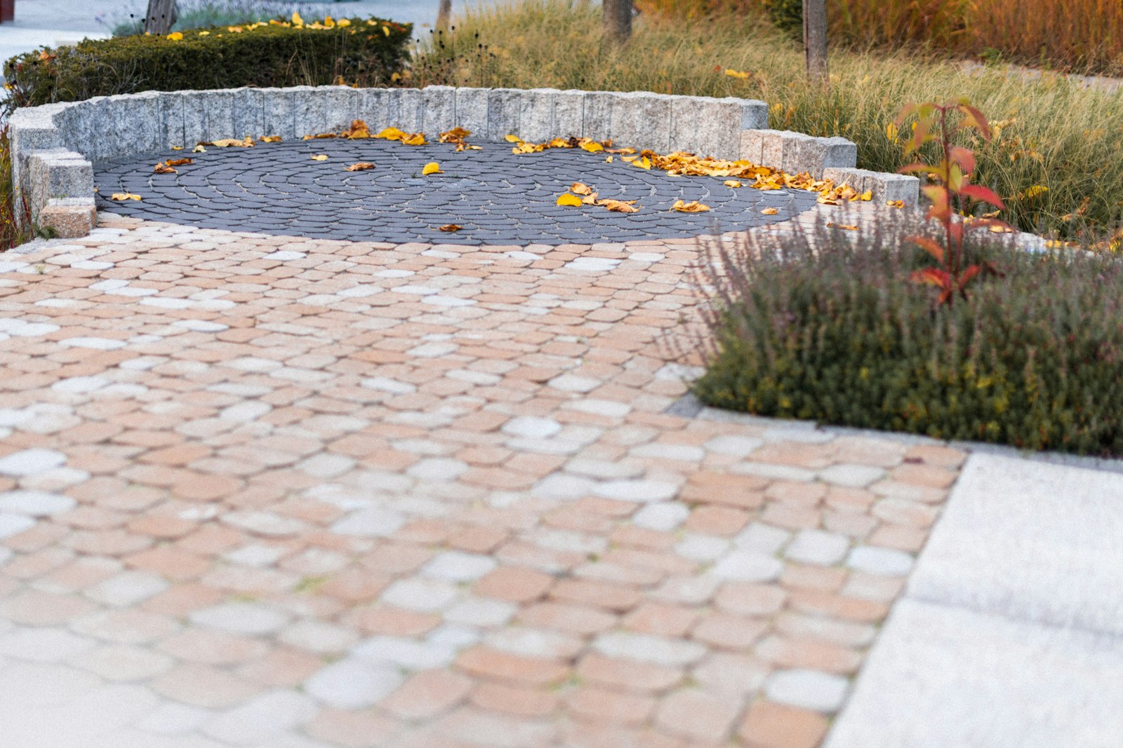 Fallen autumn leaves scattered across a paver patio